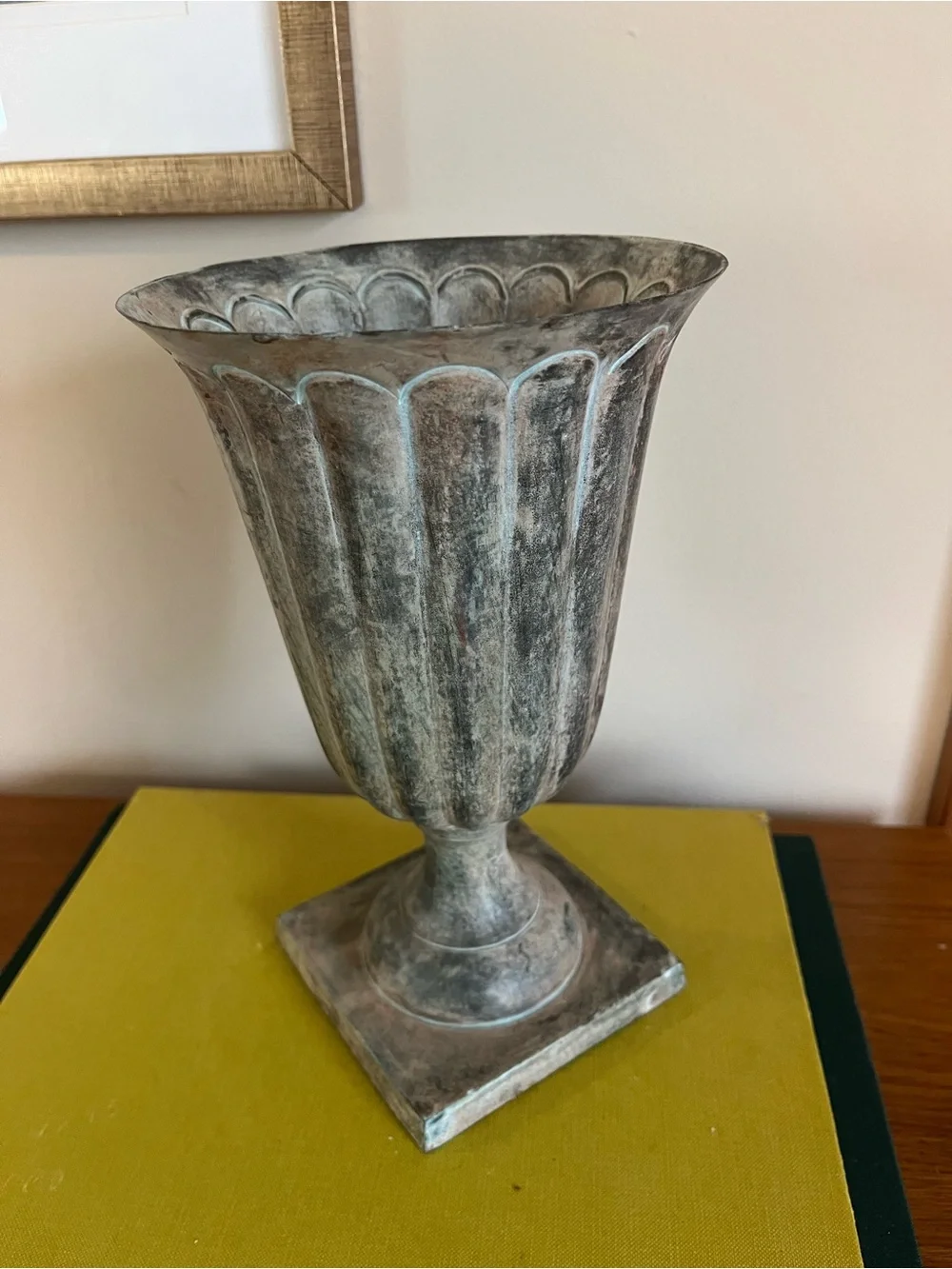 Distressed Metal Pedestal Urn Vase - Weathered Green Finish